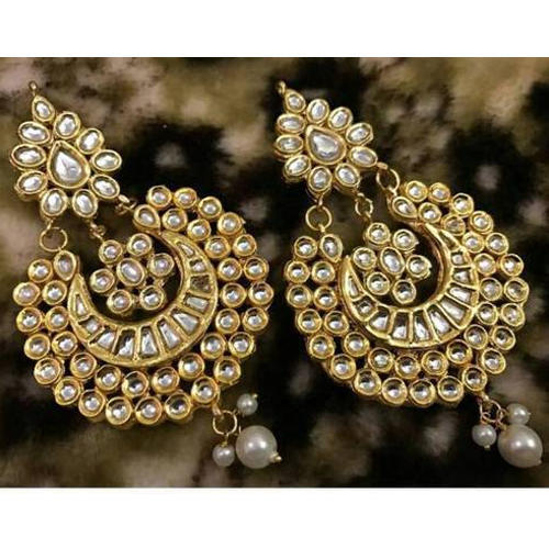 Simple And Stylish Look Golden Copper Alloy Pearl Beaded Kundan Earrings For Ladies