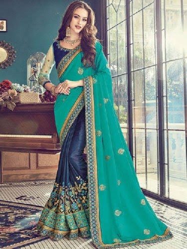 Party Wear 100% Pure Cotton Printed Pattern Green And Blue Color Ladies Saare