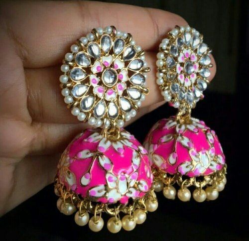 Stylish Light Weight Pink And Gold Copper Alloy Pearl Beaded Kundan Earrings For Ladies