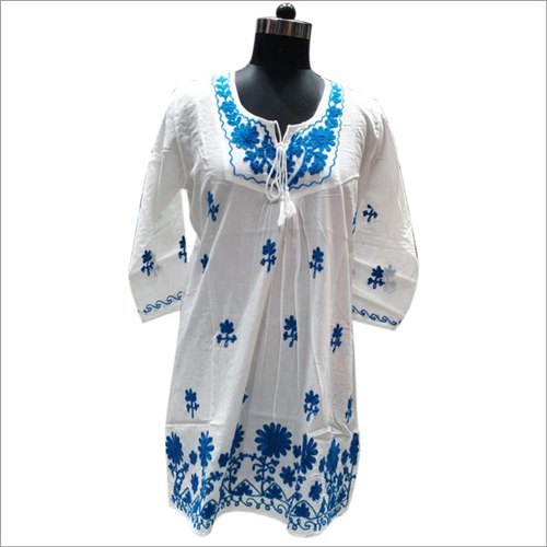 Cotton Embroidery Kurtis - Cotton, Available Sizes S-XXL, Color: White, 3/4 Sleeve, Machine Made, Breathable, Quick Dry | Perfect for Summer Wear