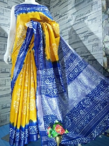 Print Cotton Slub Saree - Premium Quality Floral Printed Design | Cotton Silk, Blue with Yellow, Unstitched Blouse, Party Wear, Suitable for All Seasons