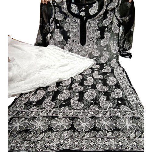 Washable Ladies 3/4Th Sleeves Round-Neck Black And White Embroidered Chiffon Kurti