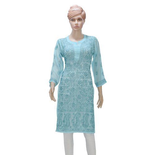 Casual 3/4th Sleeves Simple Elegant And Stylish Look Round Neck Sky Blue Embroidered Chiffon Kurti For Ladies