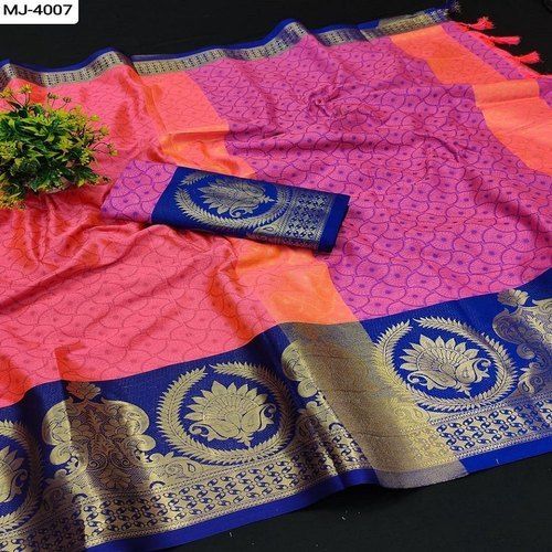 Pink & Blue Comfortable To Wear Elegant Look Indian Wear Mercerized Cotton Silk Ladies Saree