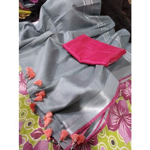 Ladies Linen Slub Saree - Premium Quality Cotton Silk Pink with Gray Printed Design | Optimum Casual Wear for Summer and Winter