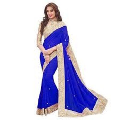 Cotton Silk Ladies Party Wear Stone Work Printed Pattern Blue And Golden Fancy Saree