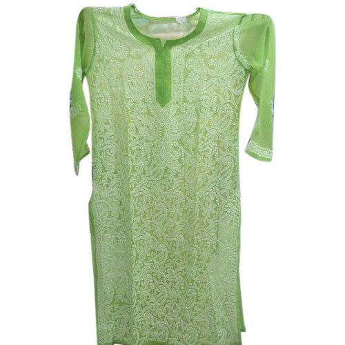 Breathable Ladies Casual 3/4Th Sleeves Round-Neck Green Embroidered Chiffon Kurti