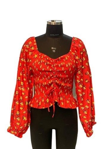 Summer Ladies Casual Full Sleeves Sweetheart-Neck Red 100% Cotton Printed Tops