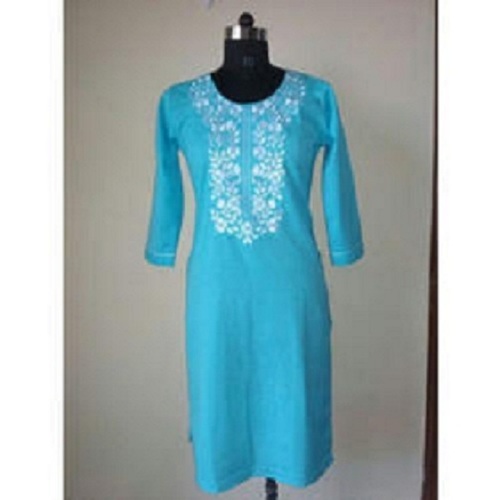 Sky Blue Color Embroidered Cotton Kurti - Cotton