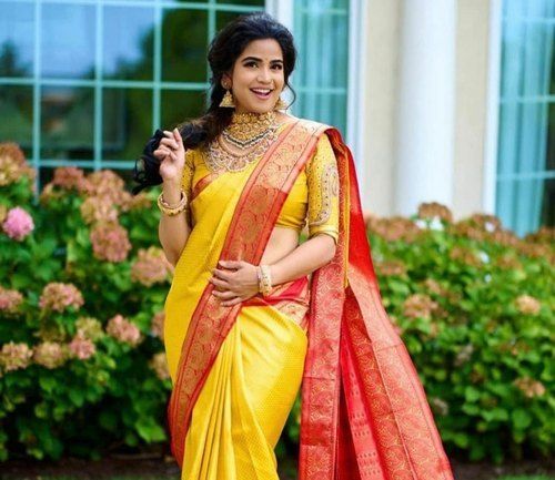 Spring Smooth Texture Tear Resistance Party Wear Ajrakh Print Yellow Cotton Silk Saree