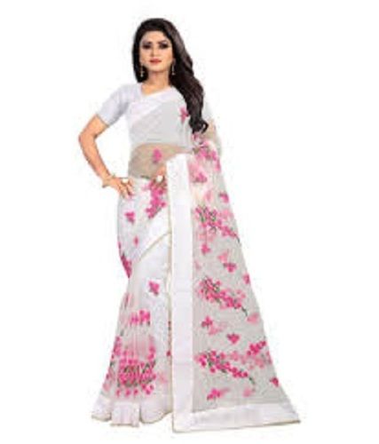 Women Elegant Look Party Wear Floral Print Embroidery Net White And Pink Saree