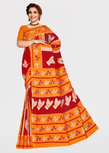 Winter Comfortable Stylish Yellow And Red Cotton Printed Ladies Saree With Blouse Piece For Daily Wear