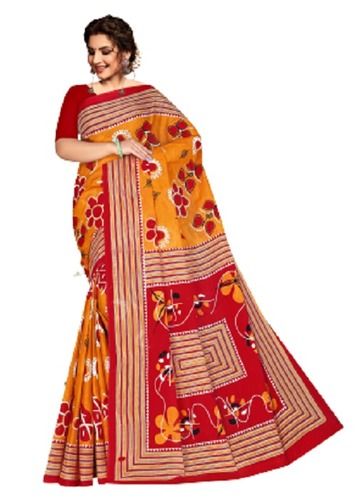 Summer Stylish Red And Yellow Cotton Printed Party Wear Ladies Saree With Blouse Piece