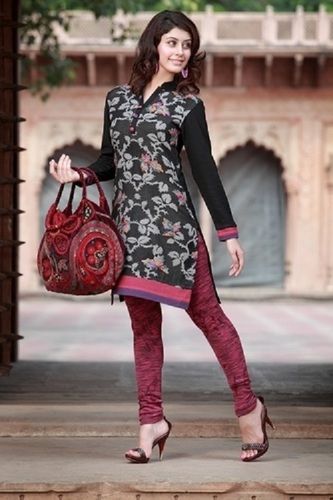 Full Sleeve Cotton Banded Collar Designer Black Ladies Kurti For Casual Wear Decoration Material: Paint