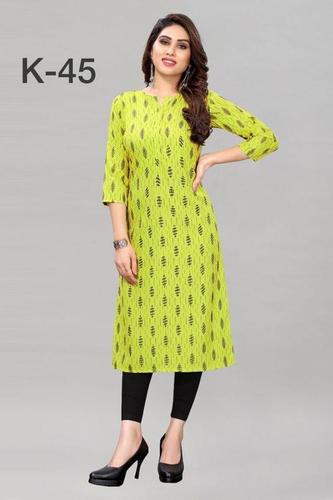 Lemon Skin Friendly Mehndi Color Cotton Kurti With Black Print Comfortable And Classy