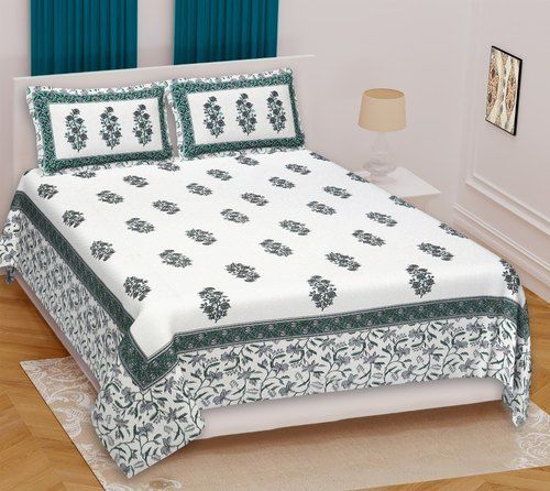 White Block Printed Double Bedsheet With Two Pillow Covers For Home, Hotel