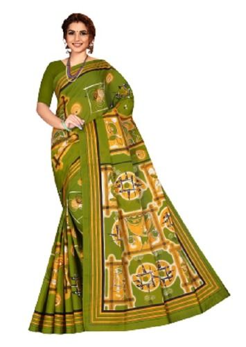 Casual Stylish Comfortable Lightweight Green Cotton Printed Designer Women Saree With Blouse Piece