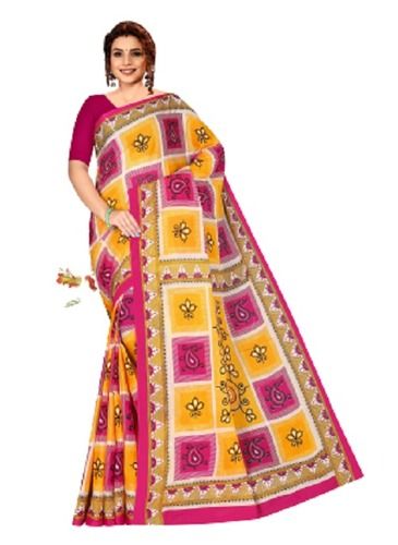 Summer Stylish Lightweight Comfortable Pink & Yellow Cotton Printed Designer Ladies Saree With Blouse Piece For Party Wear