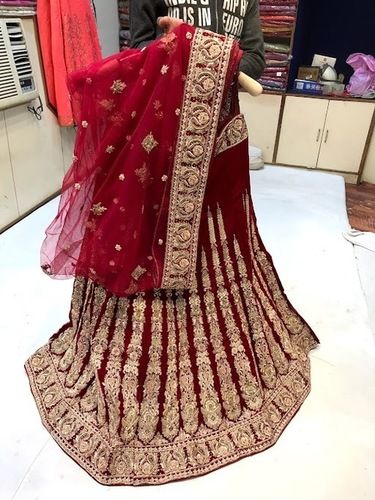 Red Machine Made Heavy Embroidery Georgette And Net Bridal Wear Lehenga