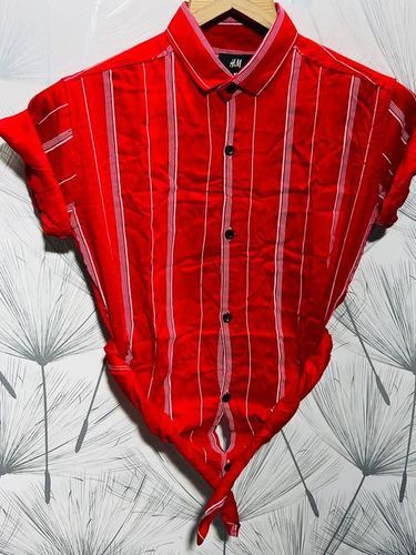 100% Cotton Half Sleeve Casual Wear Red Color Striped Shirt For Mens  Age Group: 18-45 Years