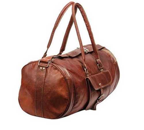 22 Inch Round Leather Duffle Bag Brown Color, One Front Pocket And Two Side Pockets