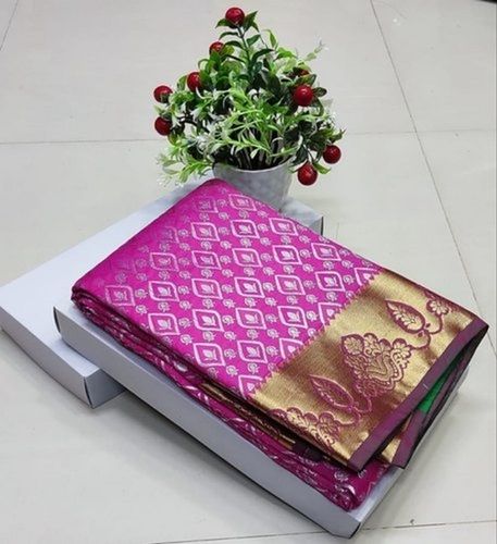 Printed Party Wear Art Silk Saree With Zari Work And Pink And Golden Color, Blouse Piece