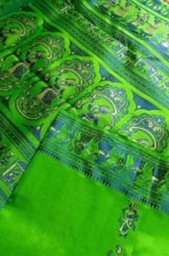 Cotton Silk Party Wear Printed Baluchari Saree With Green Color And Unstitched Blouse Piece