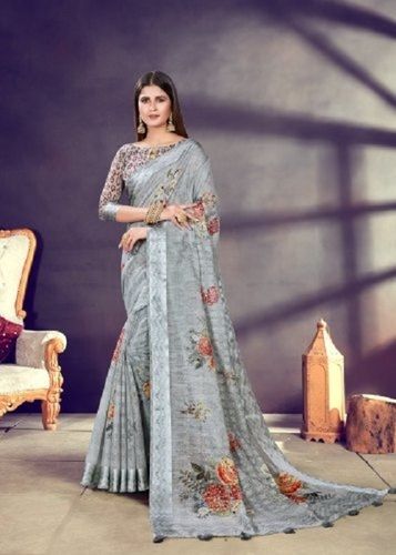 Winter Ladies Casual Wear Skin-Friendly Lightweighted Grey Cotton Printed Saree