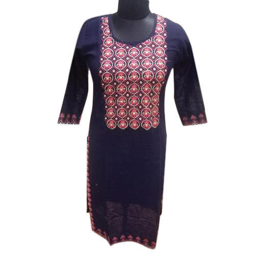 Navy Blue Round Neck 3/4th Sleeve Breathable Party Wear Cotton Kurti For Ladies