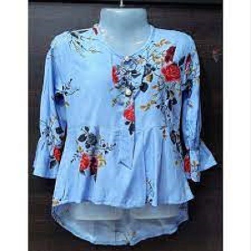 Ladies 3/4 Sleeves Summer Wear And Lightweight Floral Printed Sky Blue Top