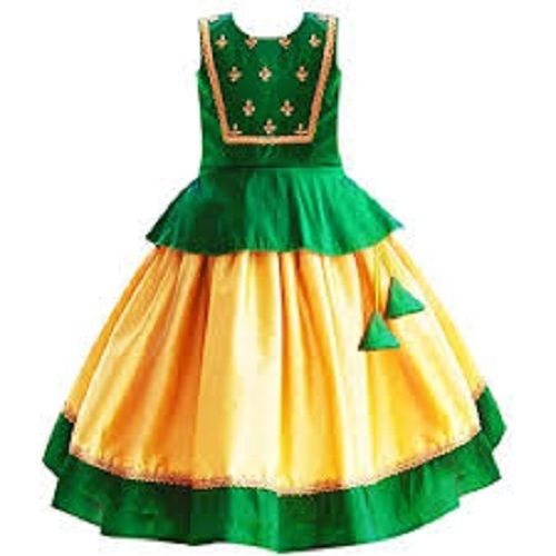 Multicolor Stylish Designer Comfortable Round Neck Green Sleeveless Knee Length Frock For Girls