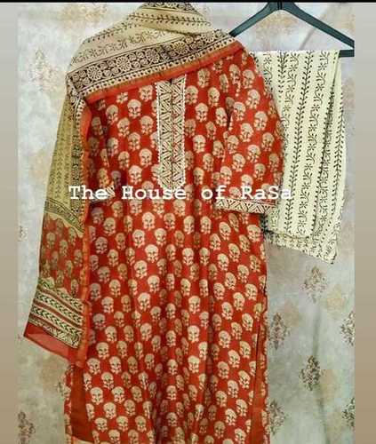 Orange And White Comfortable Or Washable Stitched Floral Printed Cotton Suits For Ladies