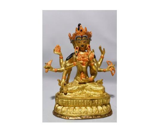 Golden Good Quality Namgyalma Goddess With 3 Faces Statue For Decoration, Weight 350G