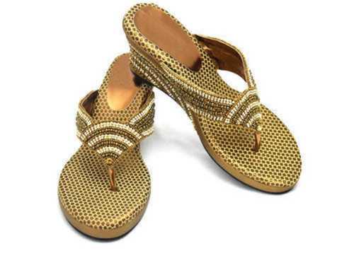 Fancy Ladies Slippers Plush Faux Fur, Golden Color With Pointed