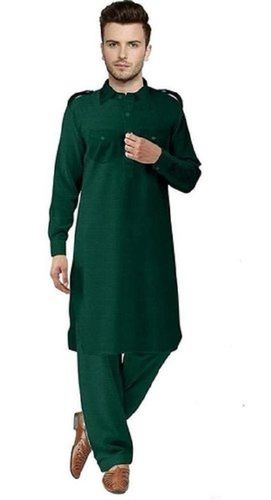 Soft Comfortable And Breathable Full Sleeves Green Cotton Kurta Pajama Decoration Material: Feather