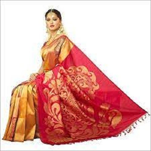 Cotton Silk Trendy Design Skin Friendliness Appealing Look Golden And Red Printed Ladies Saree