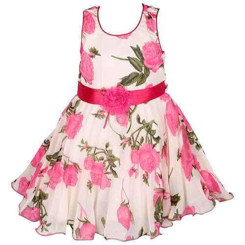 White And Pink Sleeveless Designer Printed Casual Wear Cotton Frock For Girls