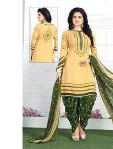 Ladies Anti Wrinkle Round Neck 3/4 Sleeves Lightweight Cotton Yellow And Green Printed Suit