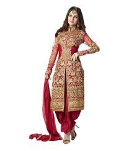 Ladies Skin Friendliness Red And Golden Georgette Heavy Embroidery Semi Stitched Suit