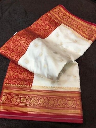 Summer Light Weight White And Red Printed Bangalore Silk Saree For Party Wear