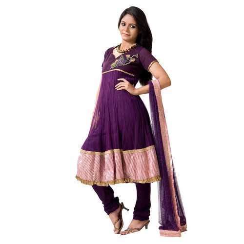 Indian Women Fashionable And Designer Half Sleeves Purple Net Anarkali Frock Suit