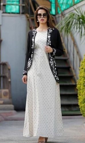 Women Fashionable Long Sleeve Round Neck White And Black Reyon Designer Kurta