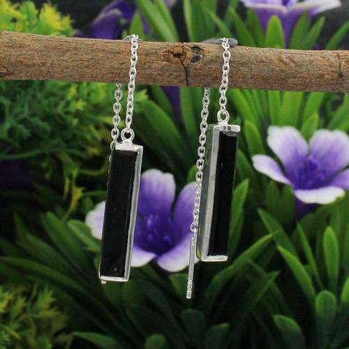 925 Sterling Silver Black Onyx Bar Threader Earring Gender: Women