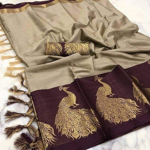 Cotton Silk Stylish Grey And Purple Printed Party Wear Broad Border Saree For Party Wear