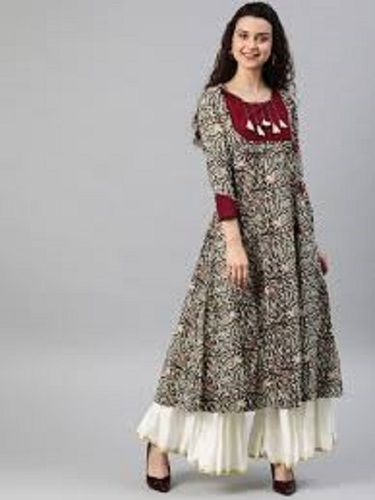 Multi Color Womens Cotton Round Neck And 3/4Th Sleeves Kalamkari Print Anarkali Kurti