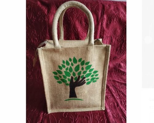 100% Eco-Friendly Light Brown Tree Printed Jute Lunch Bag For Food Or Beverages Storage