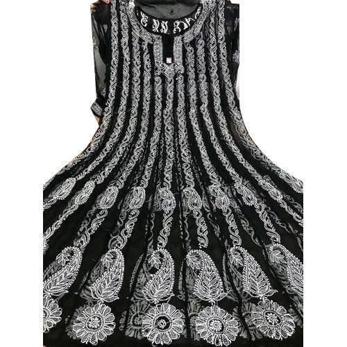 Silk Perfect For All Season, Comfortable And Beautiful Black And White Embroidered Cotton Net Kurti 