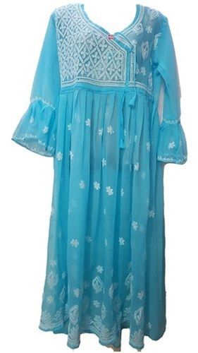 Silk Machine Washable, Comfortable And Stylish Sky Blue 3-4 Sleeve Party Wear Net Kurti