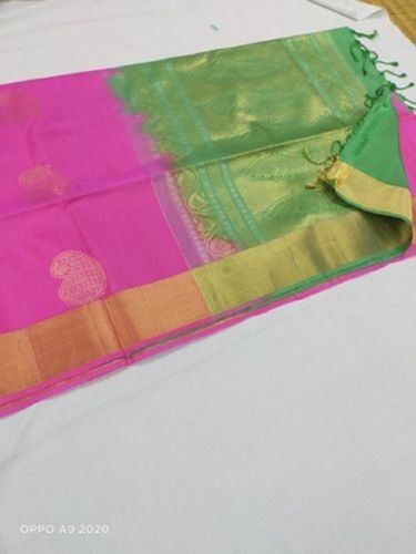 Printed Fashionable And Trendy Party Wear Pink And Green Stylish Handloom Silk Saree 6.3M