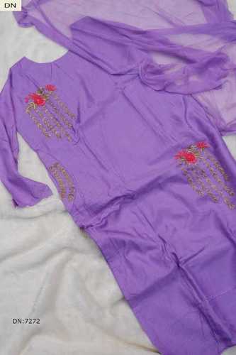 Ladies Casual 3/4th Sleeves Round-neck Purple Cotton Embroidered Kurti